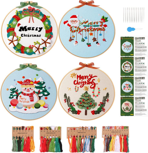 4 Sets Christmas Embroidery Starter Kit with Pattern for Beginners,Merry Christmas Embroidery Kit Ornaments, DIY Cross Stitch Set with 4 Plastic E...