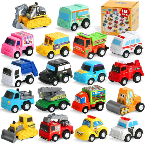 Fajiabao 18 Pcs Toy Car Mini Pull Back Cars Toy Trucks for Toddlers 1-3 Party Favors Bulk Small Construction Toys for Kids Carnival Prizes Pinata ...
