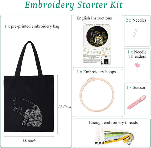 Harimau Beginner Canvas Tote Bag Embroidery Kit,Black Kitten Pattern,Cross Stitch Kits, Including Stamped Embroidery Bag with 1 Embroidery Hoops,N...