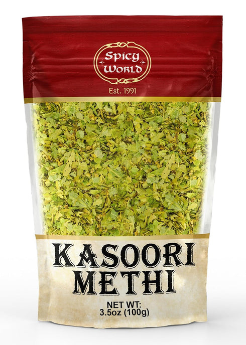 Spicy World Dried Fenugreek Leaves (Kasoori Methi) 3.5oz Box (100g) - All Natural | Vegan | Gluten Friendly | NON-GMO | Indian...