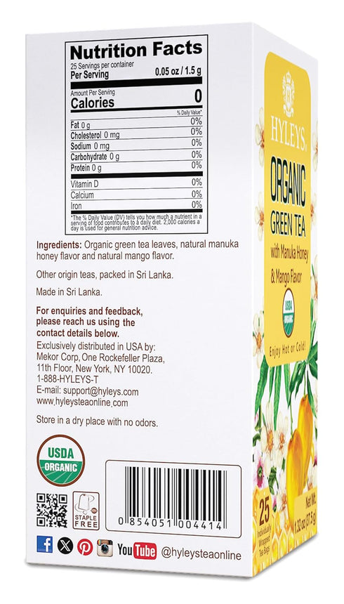 Hyleys Organic Green Tea Manuka Honey and Mango Flavor - 25 Tea Bags...