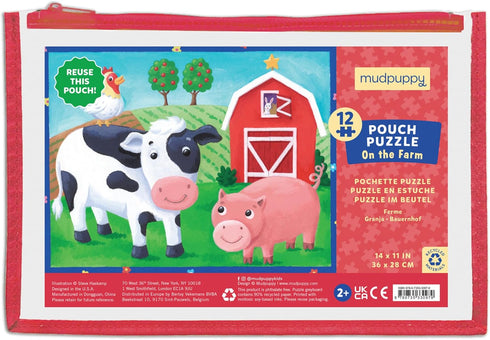 Mudpuppy On the Farm Pouch Puzzle – 12 Pieces, 14” x 11”, Great for Kids Ages 2-4 – Travel-Friendly, Reusable, Zippered Pouch, 1 EA...