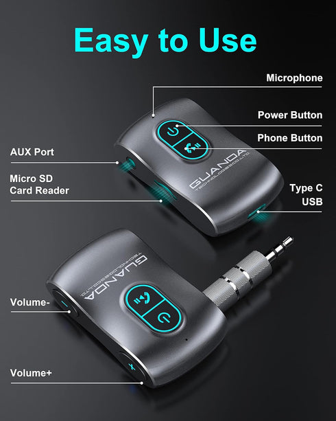 Bluetooth 5.0 Receiver for Car, Noise Cancelling Bluetooth AUX Adapter, Bluetooth Music Receiver for Car Stereo/PC/TV/Home Stereo/Wired Headphones...