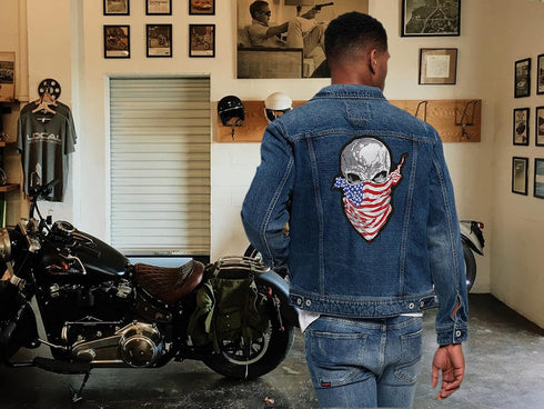 Ruthless Halfskull Patch 11.5" | Skeleton Embroidered American Flag Bandana Skull Patriotic Biker Emblem | Large Iron On - by Nixon Thread Co....