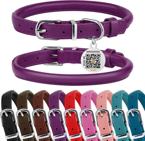 BRONZEDOG Rolled Leather Dog Collar for Small Medium Large Dogs with QR ID Tag (L: 16-18 Inch, Plum)...