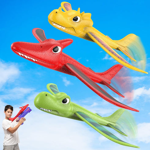 3 Pack Dino Airplane Launcher Toys, 2 Flight Modes Foam Glider Catapult Plane Toy for Boys, Outdoor Dinosaur Flying Toys Kids Birthday Gifts for B...