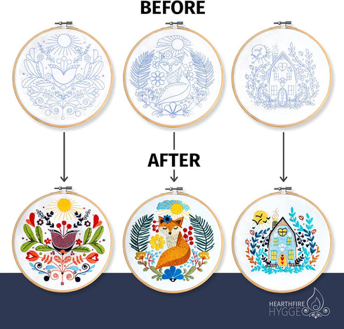 Hearthfire Hygge 3-Pack Beginner Embroidery Kit for Adults | Scandinavian Folk Art Hand Embroidery Kit for Beginners Adults | Fox, House, Flower E...