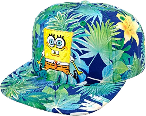 SpongeBob SquarePants Baseball Cap, Tropical Floral Curved Brim Adjustable Snapback Hat, Blue and Green, One Size...