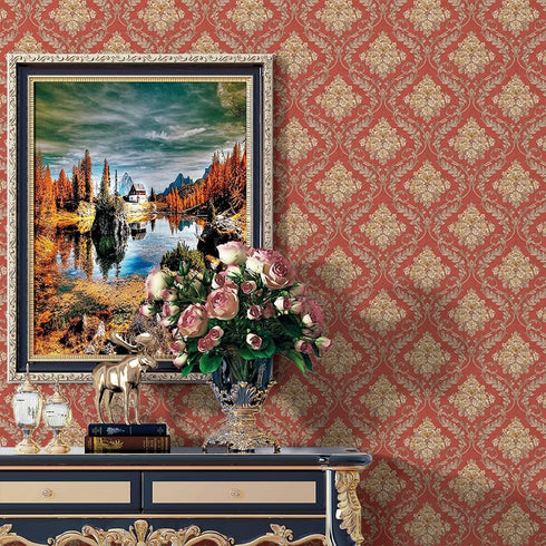 Y1232 Luxury Damask Peel and Stick Wallpaper 17.7" x 9.8ft Red Removable Contact Paper Self-Adhesive Damask Furniture Paper Drawer Shelf Liner Vin...