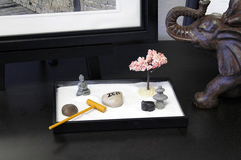 Nature's Mark Mini Zen Garden Kit for Desk with Rake, White Sand, Buddha, Lantern, Black Rectangle Base, River Rocks and Mini Blossom Tree (8Lx5W ...