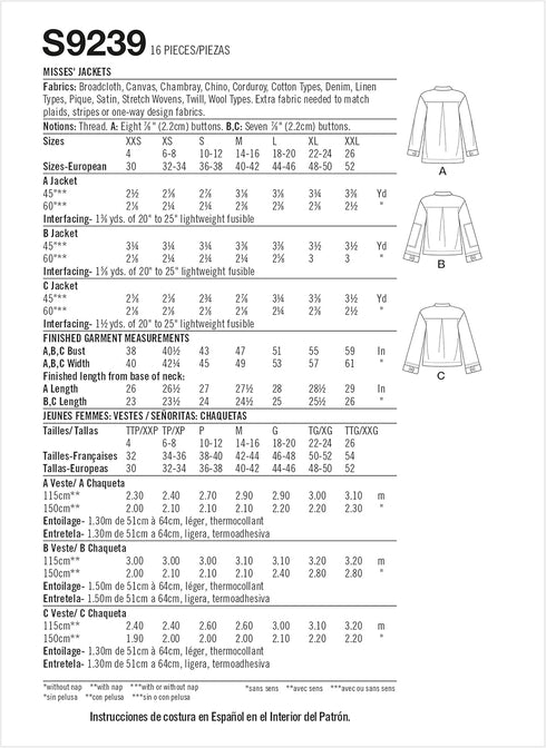 Simplicity SS9239A Misses' Button-Up Jacket Sewing Pattern Kit, Design Code S9239, Sizes XXS-XXL...