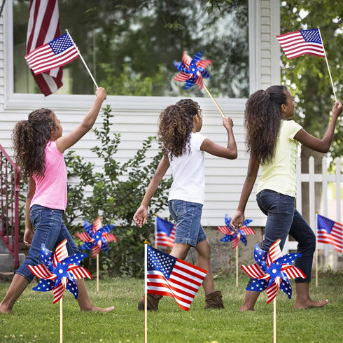 36 Pcs 4th of July Patriotic Decorations, Memorial Day Pinwheels and Flags Small Fourth of July Red White and Blue Stars Stripes Kids Windmills In...