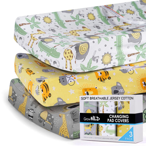 GROW WILD Changing Pad Cover 3 Pack | Soft & Stretchy Jersey Cotton | Baby Changing Table Pad Cover | Diaper Changing Pad Covers for Girls and Boy...