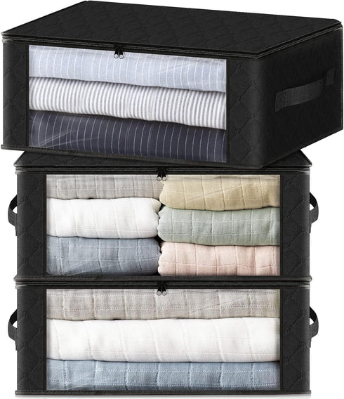 HomeHacks Storage 3-Pack Clothes Organizer Storage Bags Foldable Storage Box with Large Clear Window Sturdy Handles for Closet, Dorm, Pillows, Bed...