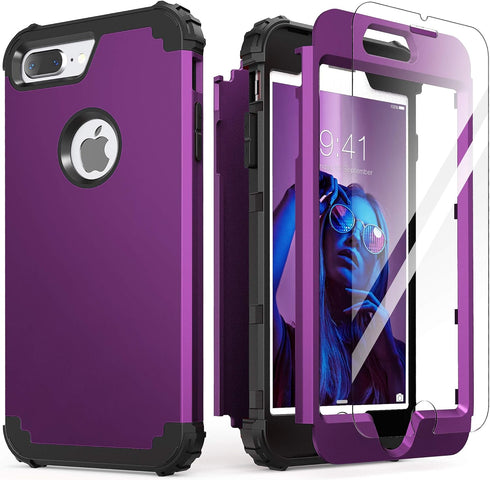 IDweel for iPhone 8 Plus Case, for iPhone 7 Plus Case with Tempered Glass Screen Protector, 3 in 1 Shockproof Slim Hybrid Heavy Duty Hard PC Cover...