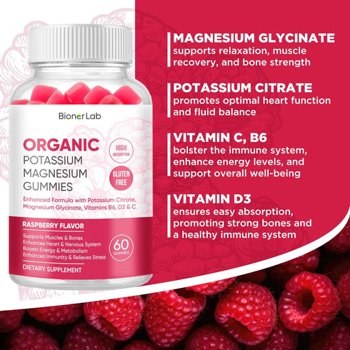 Potassium Magnesium Gummies with Vitamin D3 B6 C - High Absorption Potassium 99mg Magnesium Glycinate 250mg Chewable Supplements for Women Men Adu...