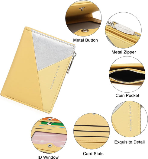 Small Wallets For Women Leather Bifold Slim Zipper Wallet Ladies Credit Card Holder Coin Purse Mini Wallet With ID Window(Yellow)...