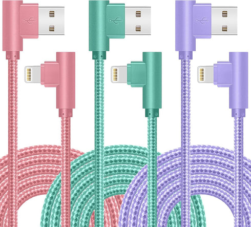 Lightning Cable iPhone Charger 10ft 3 Pack 90 Degree Long Strong Nylon Braided Charging Cable MFi Certified Compatible for iPhone 13/12/11/ Pro/X/...