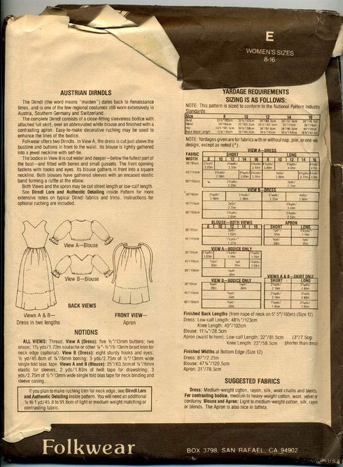 Folkwear Austrian Dirndl Dress #123 Renaissance Blouse Apron Skirt Bodice Sewing Pattern (Pattern Only) folkwear123...
