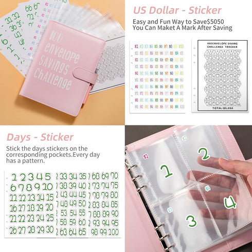 100 Envelopes Saving Challenge Binder, A5 Money Saving Budget Binder with Cash Envelopes - Savings Challenges Book to Save $5,050 - Pink...