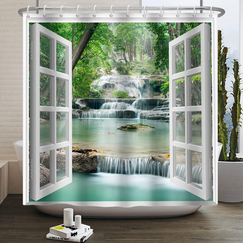 Baocicco Nature Landscape Shower Curtain Summer Forest River Jungle Waterfall Lake Window Scenery Shower Curtains Decorative for Bathroom Waterpro...