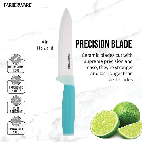 Farberware Ceramic Chef Knife with Custom-Fit Blade Cover, Razor-Sharp Kitchen Knife with Ergonomic, Soft-Grip Handle, Dishwasher-Safe, 6-inch, Aq...