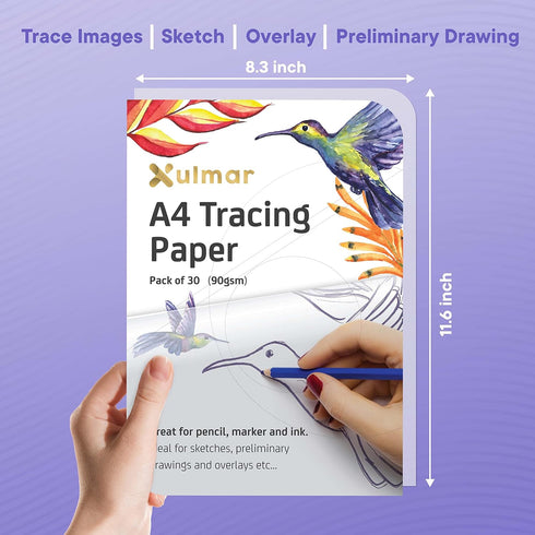 Xulmar Tracing Paper A4 90 GSM - Pack of 30 Sheets Tracing Paper for Sewing Patterns, Drawing Overlays & Sketching on Art Paper & Sketch Book...
