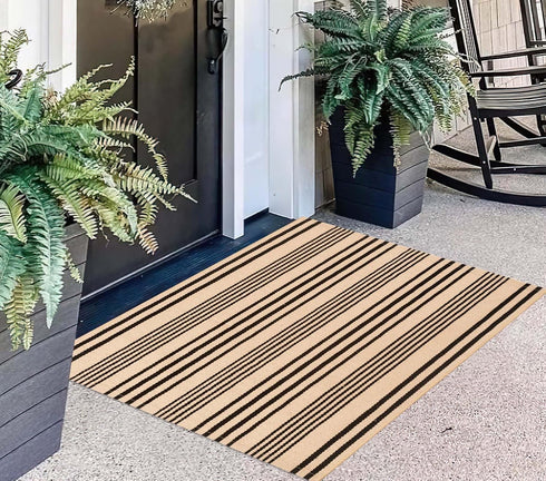 Front Outdoor Door Mat 2'x3',Tan Black Striped Outdoor Rug Machine Washable Cotton Layered Door Mat Entryway Throw Rug for Indoor Entrance...