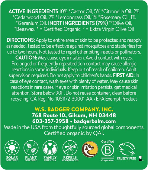 Badger Bug Repellent Stick, Non-DEET Mosquito Repellent with Citronella & Lemongrass, Easy to Use Travel Size, Natural Insect Repellent for Kids a...