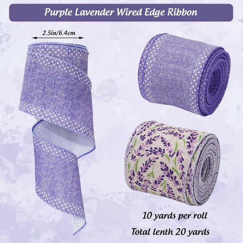 Lavender Wired Edge Ribbon Purple Flower Craft Ribbon Spring Summer Floral Fabric Ribbon for Wreath Bow Making DIY Crafts Wrapping Party Decor Sup...