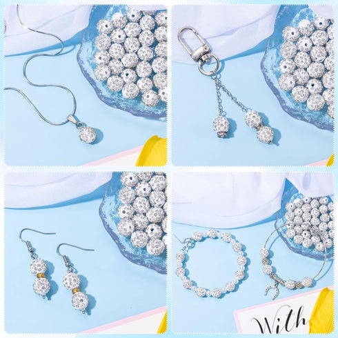 50 Pcs 10mm Rhinestone Beads for Jewelry Making, Sparkle Silver Clay Crystal Beads Round Polymer Balls for Women DIY Bracelet Necklace Earring Jew...