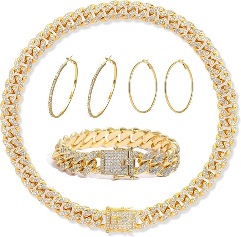 FUNOJOY Cuban Link Chain Jewelry Sets for Women Rhinestone Hoop Earrings Necklace Bracelet Set Bling Diamond Hip Hop Jewelry for Women Girls...