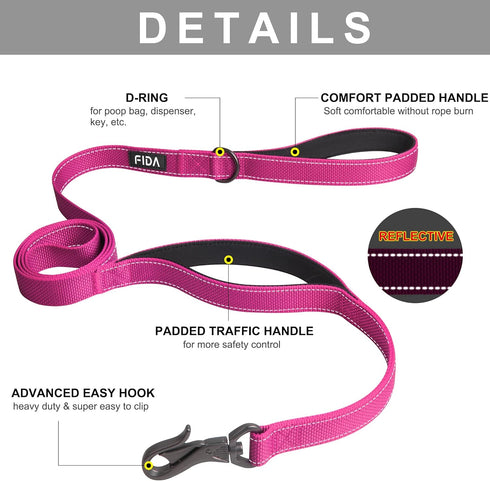 Fida 6 FT Heavy Duty Dog Leash with 2 Comfortable Padded Handles, Traffic Handle & Advanced Easy Snap Hook, Reflective Walking Lead for Large, Med...