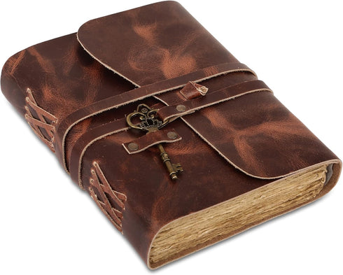 Leather Journal with lined Deckle Edge Paper 8x6 inch and Vintage Key/Handmade Writing Notebook Diary/Bound Daily Notepad for Men & Women Medium, ...