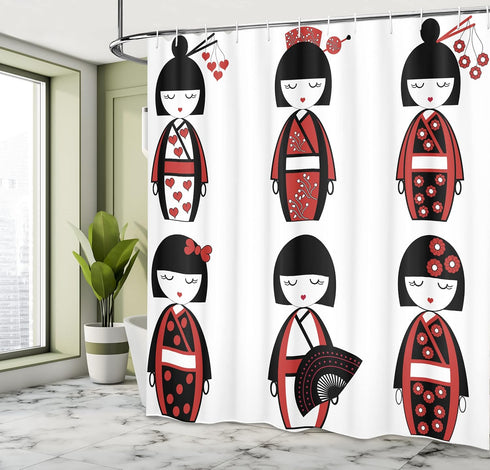 Ambesonne Ethnic Shower Curtain, Unique Geisha Dolls in Folkloric Costumes Outfits Hair Sticks Kimono Art Image, Cloth Fabric Bathroom Decor Set w...