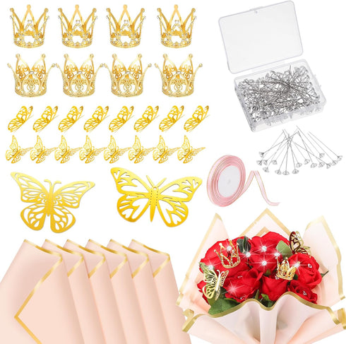141 Pcs Flower Bouquet Accessories, Diamond Head Straight Pins Mini Crown Cake Toppers Flower Wrapping Paper Butterfly Wall Decor Ribbon for Birth...