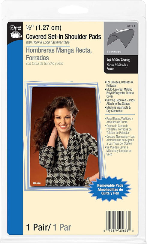 Dritz - 103561 53076-1 Shoulder Pads, Covered Set-in with Sew-On Hook and Loop Fastener Tape, 1/2-Inch, Black...