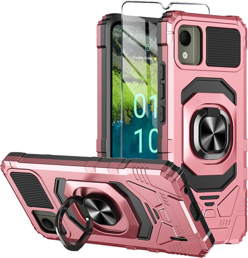 for Nokia C110 Phone Case with Tempered Glass Screen Protector,Military Grade Heavy Duty Shockproof Protective Cover,with Ring Kickstand Full-Body...