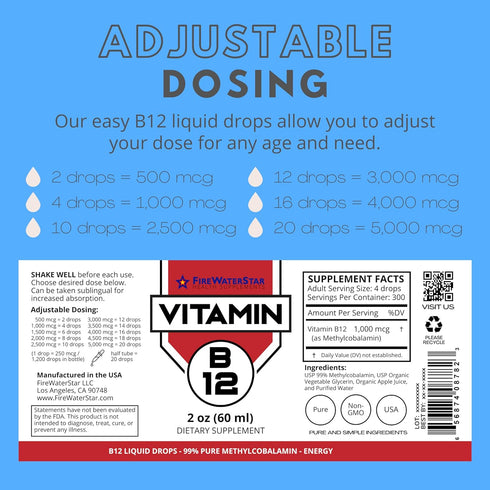 FWS Liquid B12 - Sublingual B12 Drops - Methylcobalamin - Boosts Energy Production - Organic, Non-GMO, Vegan - Adjustable Dosing - Highly Absorbab...
