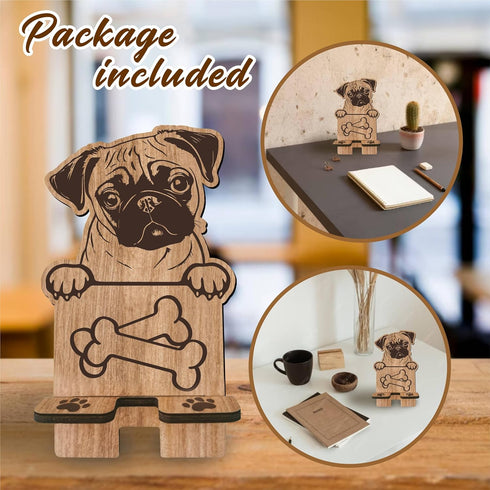 Dog Theme Wooden Phone Holder - Pug - Phone Stand, Charging Station for E-Book, Smart Phones, Tablets, Desktop Organizer, Dog Lover Gift - 03...