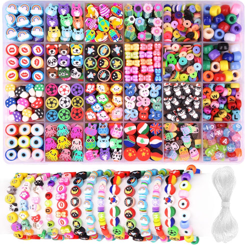 1000PCS Polymer Clay Beads Bracelet Making kit, 24 Style Cute Fun Beads Flower Animal Rainbow Eye Charms for Jewelry Necklace Earring Making DIY A...