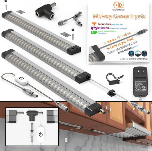 EBD LED under cabinet lighting for kitchen Built-in Adjustable Cable & Mid Input Jack bookshelf plug in light bar 3 Pcs 1350 Lm 3000K ultra bright...