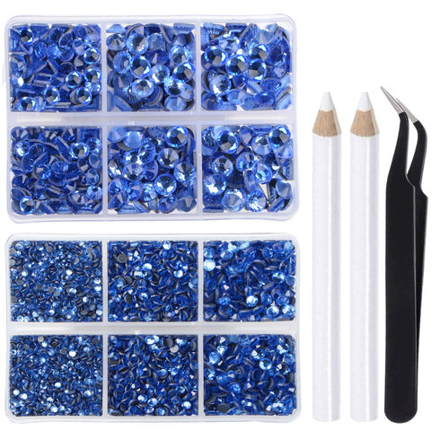 LPBeads 6400 Pieces Hotfix Rhinestones Lt Sapphire Flat Back 5 Mixed Sizes Crystal Round Glass Gems with Tweezers and Picking Rhinestones Pen...
