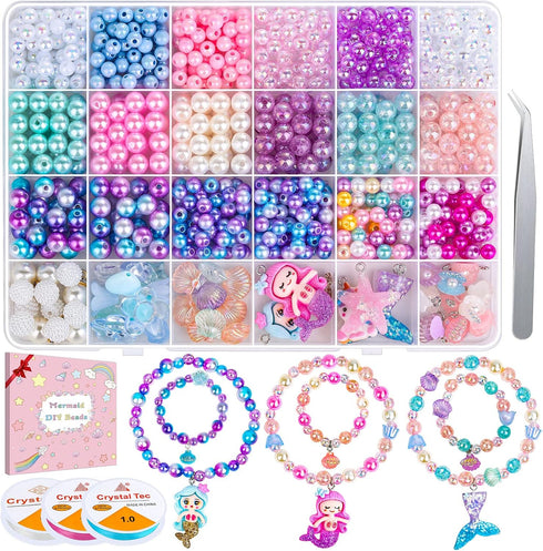 Qinzave 802Pcs Bracelet Making Kit for Girls Mermaid Beads for Jewelry Making Assorted Sizes 6mm 8mm Jewelry Making Kit with Mermaid Shell Pendant...