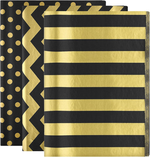 MIAHART 60 Pcs Gold Black Tissue Paper Bulk 3 Style Decorative Metallic Wrapping Paper for Birthday Weddings Christmas Party Decoration, DIY Arts ...