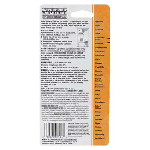 Gorilla Waterproof Caulk & Seal 100% Silicone Sealant, White, 2.8oz Squeeze Tube (Pack of 2)...