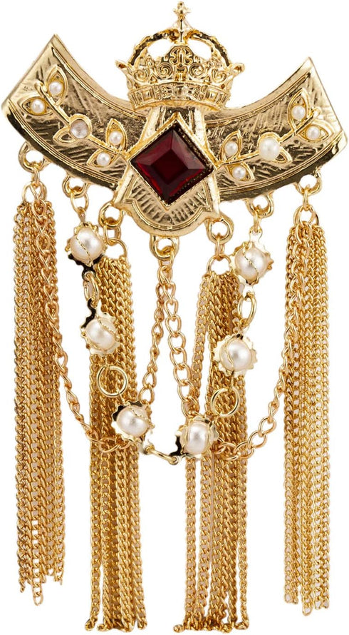 Knighthood Brooch Pin Maroon Crowned Stone with Hanging Chains and Pearl Brooch Suit Stud Lapel Pin...