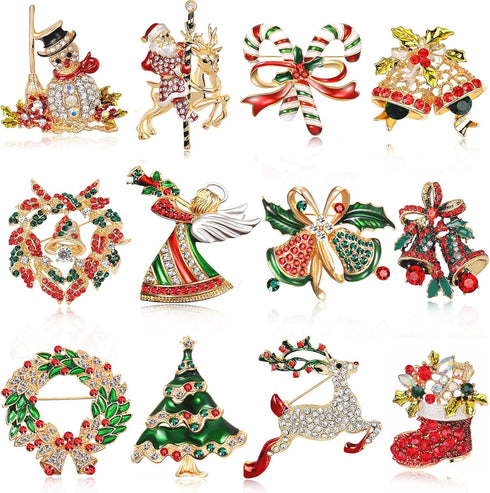 12 Pcs Christmas Brooch Pins Set for Women Rhinestone Crystal Christmas Tree Wreath Snowman Reindeer Christmas Ornament Jewelry Pins Gift...