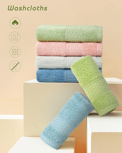 Cleanbear Pure Cotton Wash Cloths Face Cloths, 6 Colors per Set, 13 x 13 Inches (Light Blue, Jade Green, Light Green, Grey, Light Grey, Pink)...
