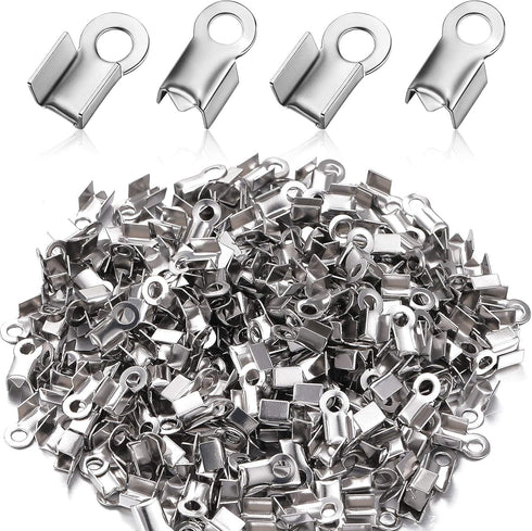 Syhood 300 Pieces 304 Stainless Steel Fold Over Cord Ends Cord Crimp Tips Fold-Over End Caps Leather Ribbon Clasp Tips Jewelry Connector for Jewel...